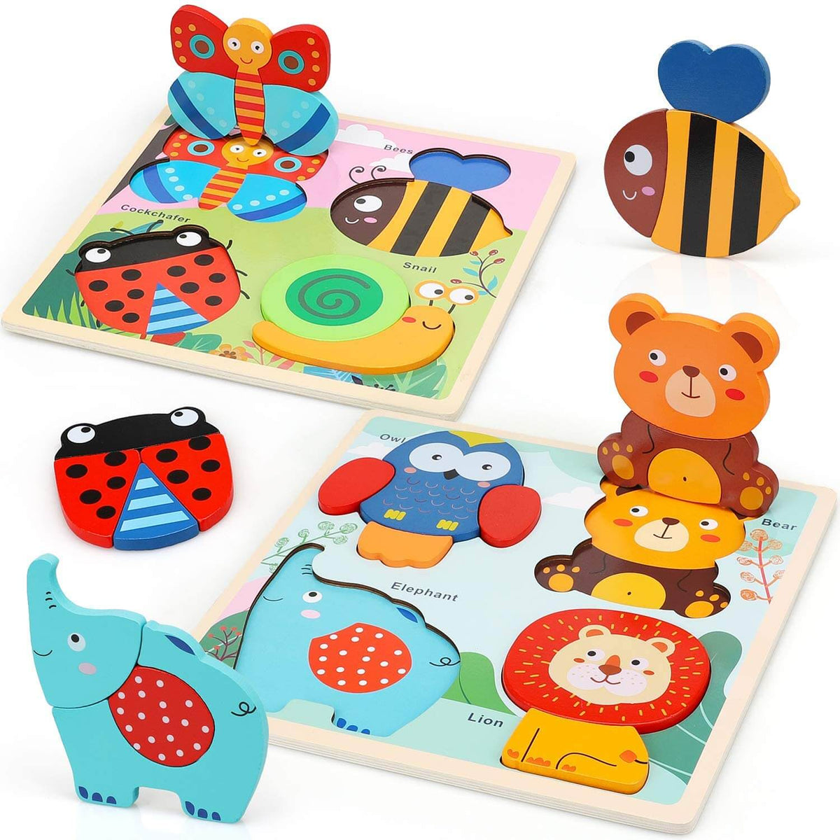  CCLIFE Wooden Jigsaw Puzzles Set for Kids 2-5 Years 12 Piece  Colorful Wooden Educational Animal Puzzles (4 Puzzles) : Toys & Games