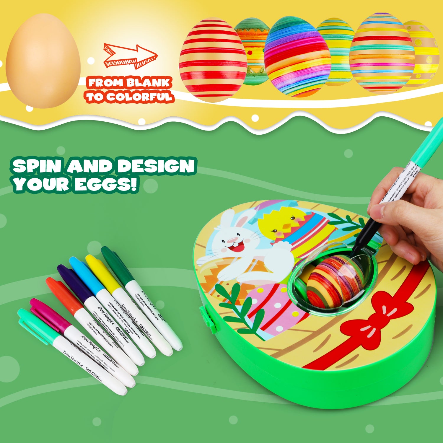 Easter Basket Stuffers/Gifts for Kids, Easter Egg Decorating Kit with 8  Coloring Markers and 8 Plastic Eggs, Bunny Egg Dye Kit Spinner Arts Crafts  for