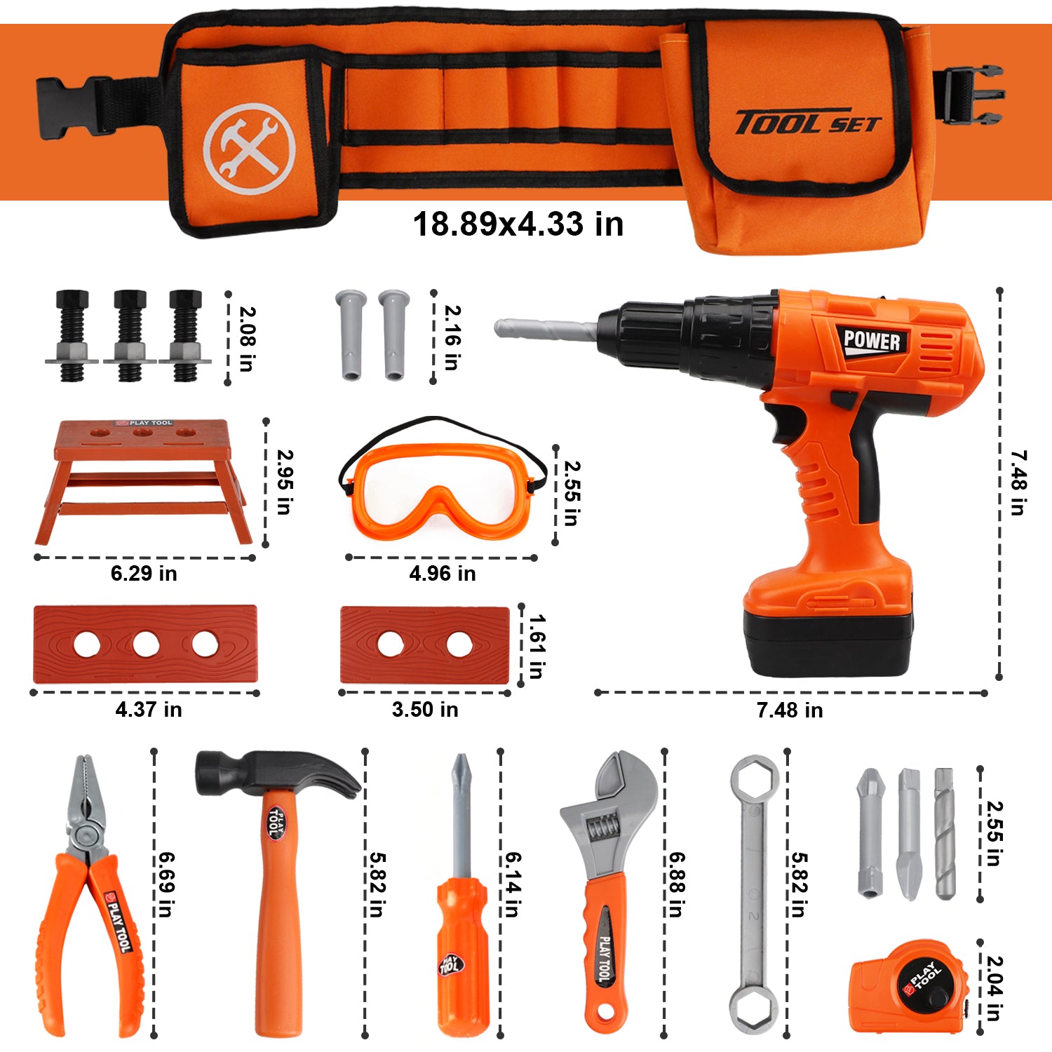 Tool Set with Kids Tool Belt & Electronic Toy Drill