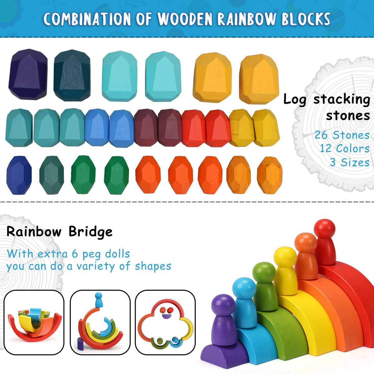 Stack Rainbow Rocks Wooden Rainbow Stacking Rocks Toy