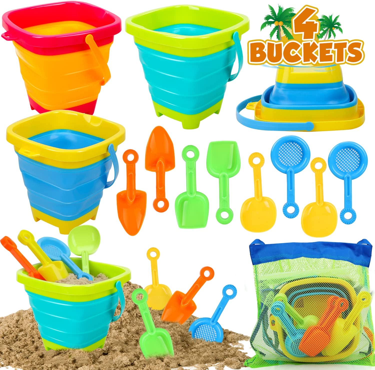 Children Foldable Pail Beach Bucket with Shovels Collapsible