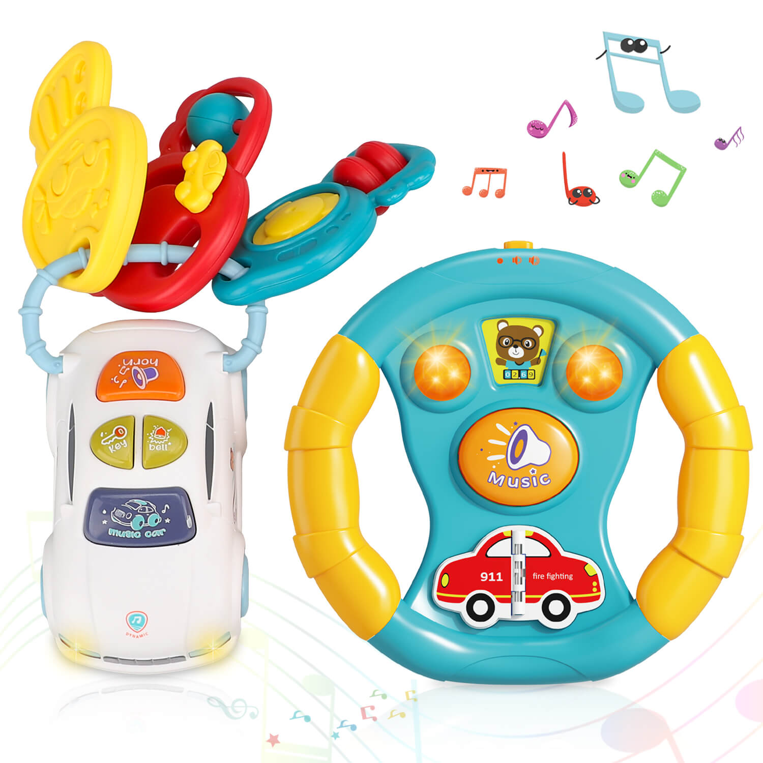 Toddler Driving Steering Wheel Toy and Car Keys with Music